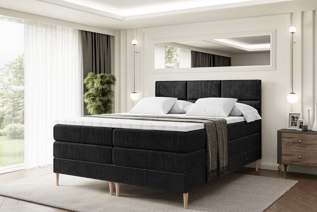 ALTDECOR Boxspringbett mit Holz Füßen, Matratze und Lattenrost, Topper, Polsterbett mit Bettkasten, Bett mit Stauraum H3- und H4- Matratze, Doppe...