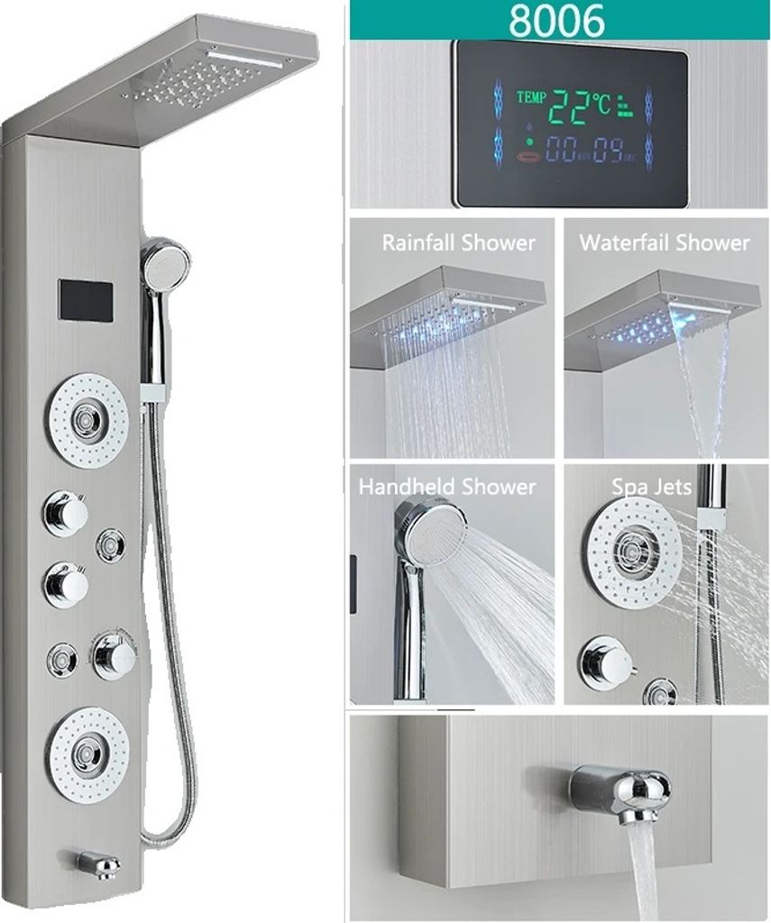 LED-Badewannen-Duscharmatur, digitales Temperaturdisplay, Multifunktions-Duschoptionen, Bürstet 8006