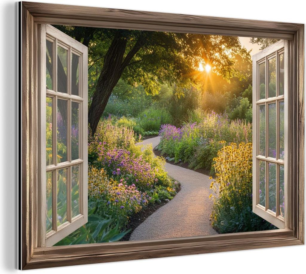 MuchoWow Wanddekoration Metall Metallbild Wandkunst 60x40 cm Aussicht - Blumen - Natur - Sonne - Weg MuchoWow Aluminium Gemälde - Gemälder