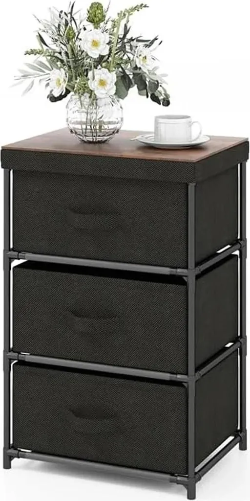 Table de chevet à 3 tiroirs en tissu noir et structure métal robuste