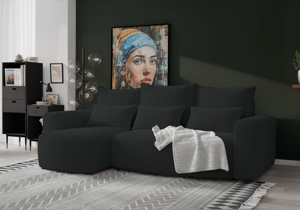 4ALLHOME Ecksofa mit Schlaffunktion Travis, Couch, Sofa mit Bettkasten, Eckcouch, L-Form, Schlaffsofa, Universal, Cord Onega 11 Graphit