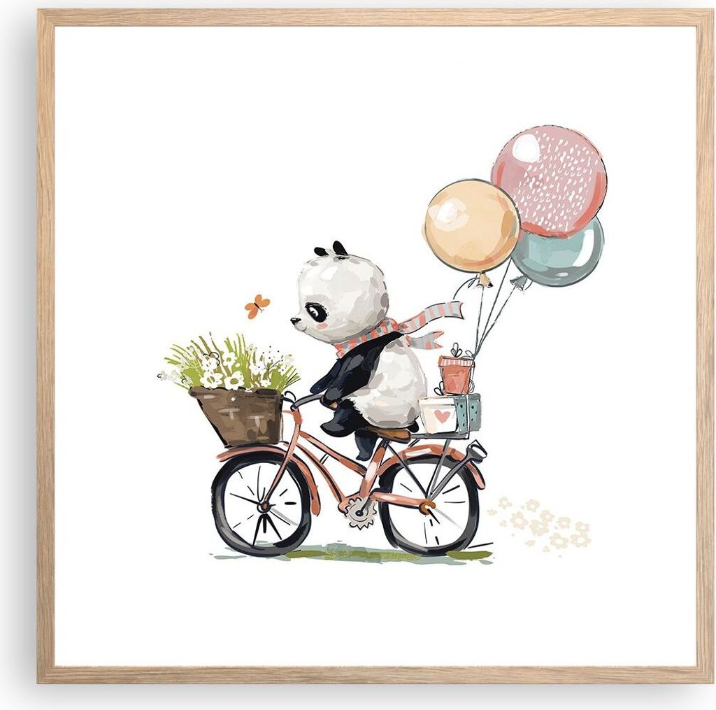 Gerahmtes Poster - Rahmen in heller Eiche - Panda Fahrrad Kinder - 60x60 cm - Wand Bild - Wanddeko - Wandbilder - Kunstposter - Wandposter - Bilder...