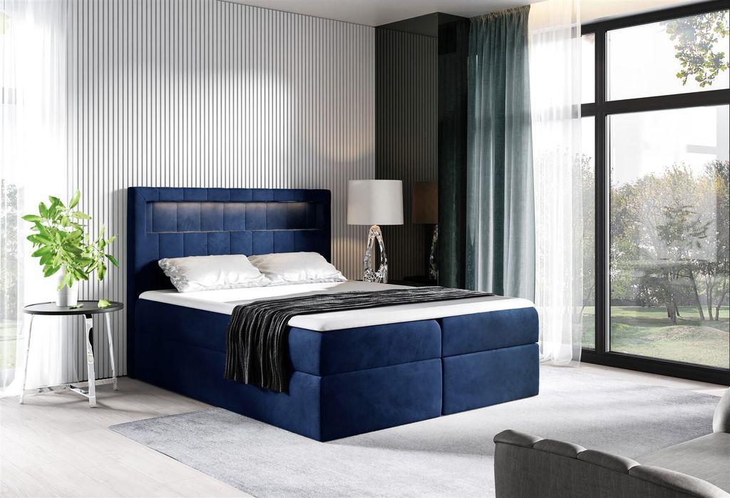 Boxspringbett Schlafzimmerbett STORM 180x200cm Stoff Riviera Blau inkl. LED