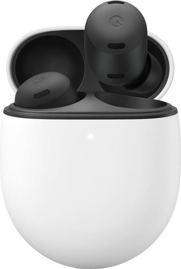 A pair of black Google Pixel Buds Pro wireless earbuds are shown inside their white charging case.