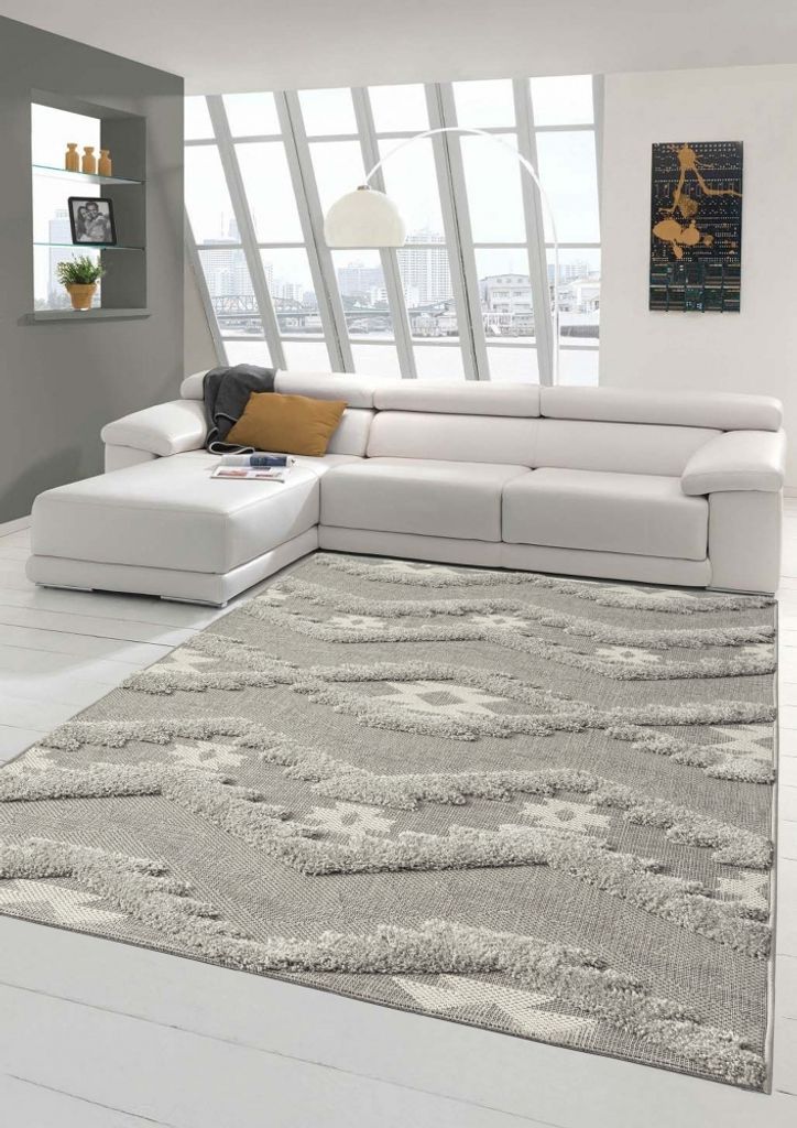 In- & Outdoor Teppich Sisal Wohnzimmer Wintergarten gestreiftes orientalisches Rautenmuster mit flauschigem Hoch Tief Effekt in grau Größe - 200 ...