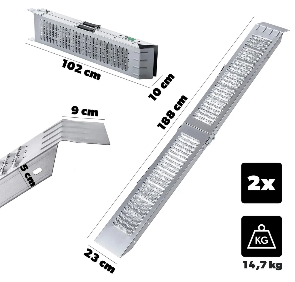 Rampe acier antidérapante pliable 2m x 180cm pour charger sans glisser