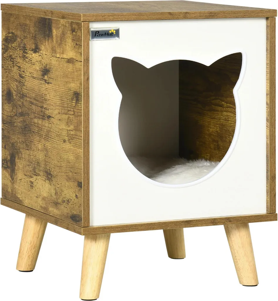 Lit pour chat surélevé en bois foncé - Niche design avec dodo amovible