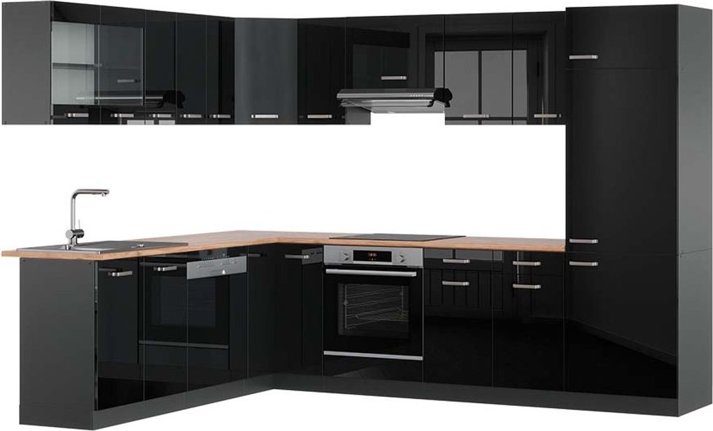 Eckküche Vicco R-Line Schwarz Hochglanz/Anthrazit 287 x 60 cm , AP Eiche, Model 43022