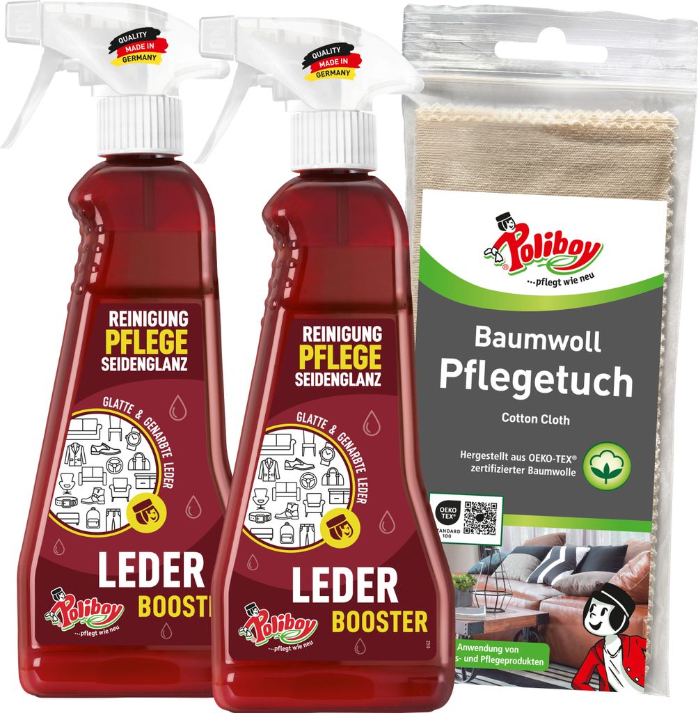 Poliboy Leder Booster - 2x375ml - Reinigung und Pflege für Möbel und Kleidung aus Leder - mit Baumwolltuch - 99A2301