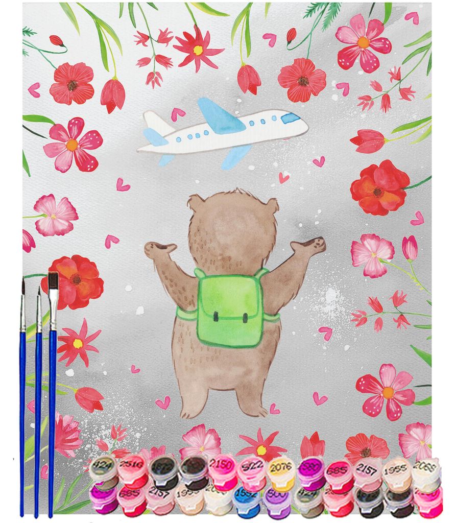 Mr. & Mrs. Panda Malen nach Zahlen Bär Flugzeug 40 x 50 cm Mit Rahmen - Grau Pastell - Geschenk, Jahrestag, Freundin, Valentinstag, diy set, leinw...