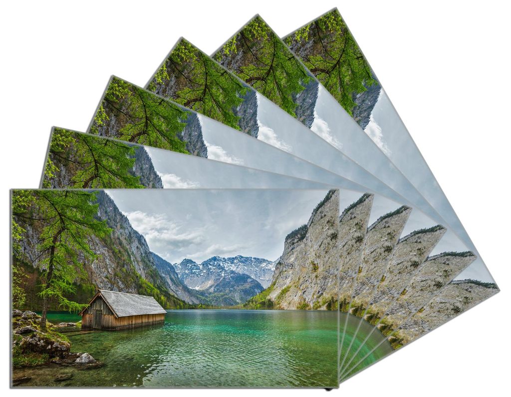 Wallario Frühstücksbrettchen 6er Set aus Glas, je 14 x 23 cm, mit rutschfesten Füßen, Motiv Berghütte an See