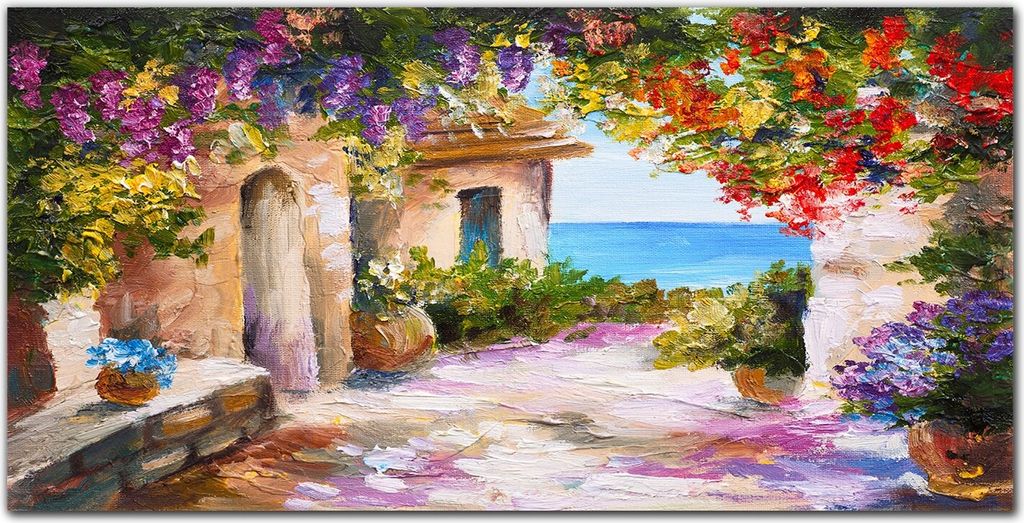 Coloray Bild aus Acryl 100 cm x 50 cm - Acrylblock mit Bild Gehärtetes Acryl Wohnzimmer Dekoration Wanddekoration Küche - Blumen Seestück Häuser