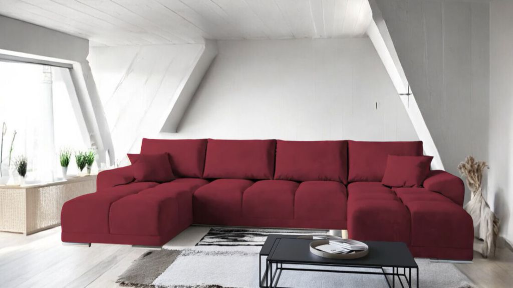 SYDNEY U-förmige Wohnlandschaft mit Samtbezug Farbe Monolith 59 Rot Breite 385 cm mit Schlaffunktion und und Bettkasten