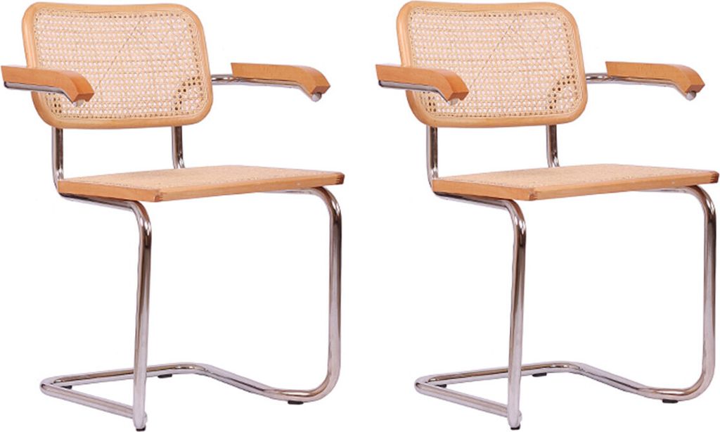 pemora 2-er Set Schwingstuhl mit Armlehnen Stapelstuhl Freischwinger mit Wiener Geflecht - Holzrahmen - natur , montiert