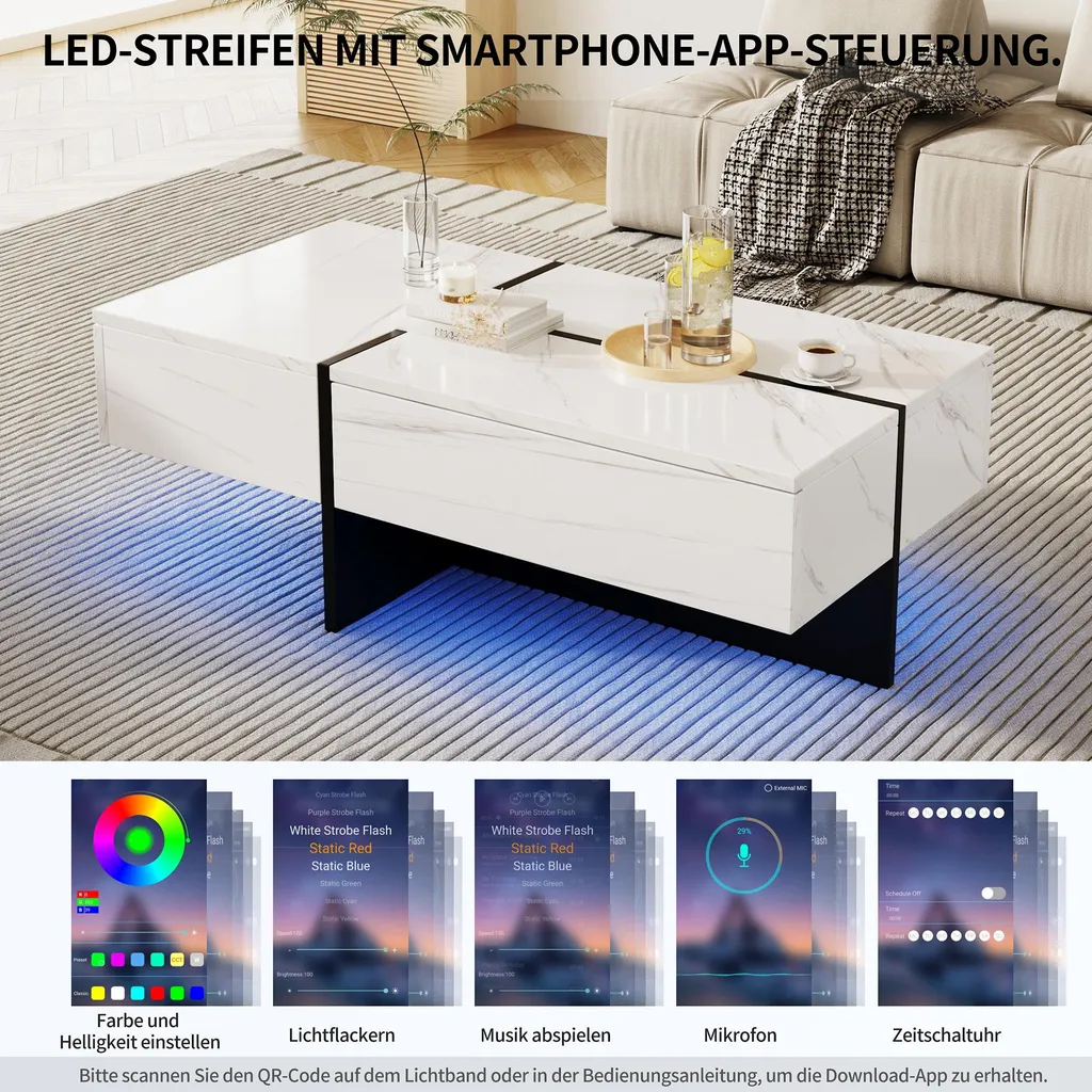 Table Basse LED Multicolore avec Tiroirs Pratiques - Design Blanc MDF - 5