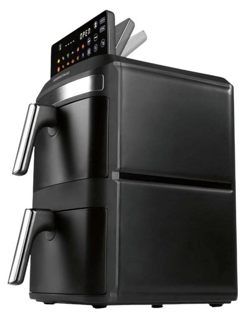 A black dual-chamber air fryer with a digital display on top.