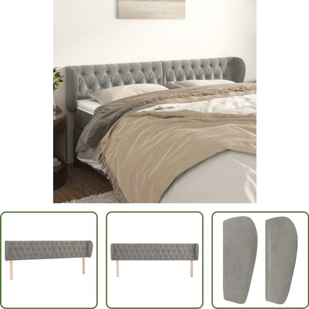 The Living Store Kopfteil mit Ohren Hellgrau 183x23x78/88 cm Samt