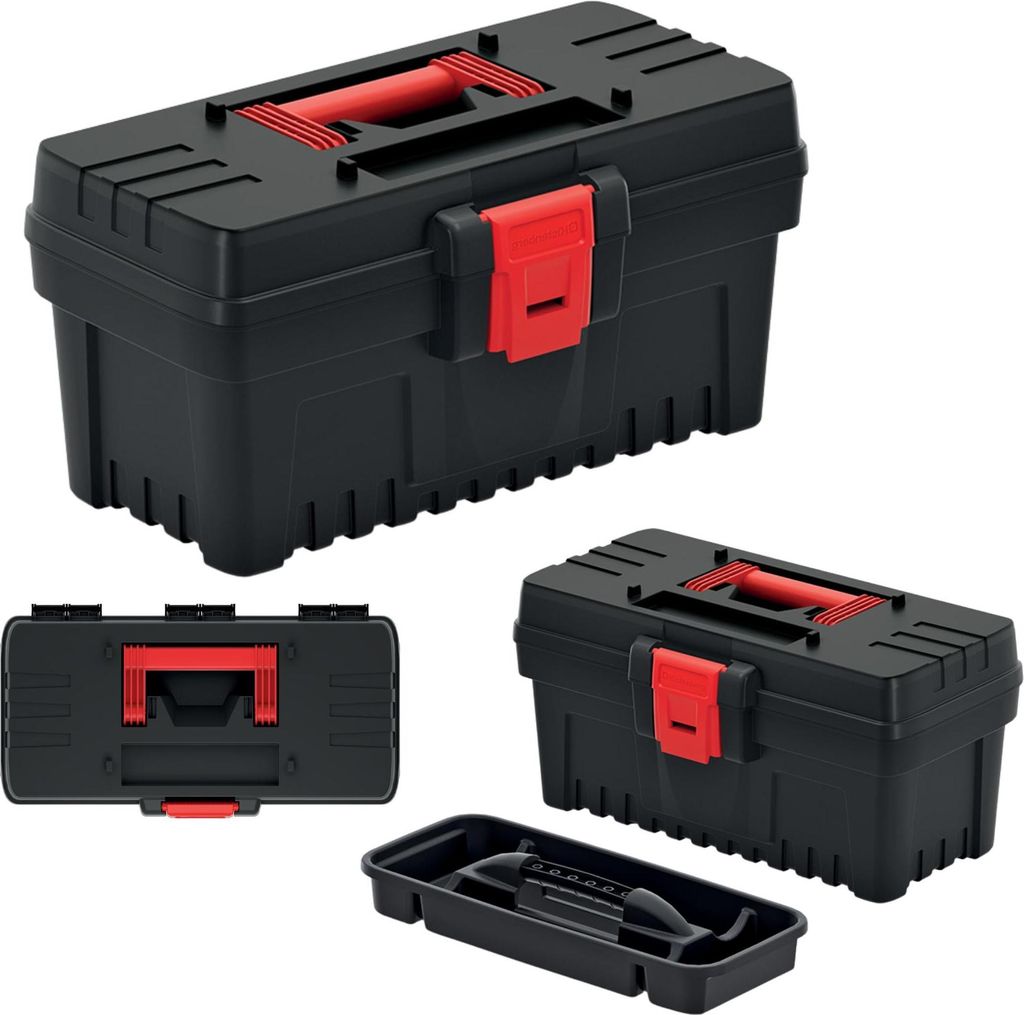 Multiple views of a black and red toolbox against a white background.