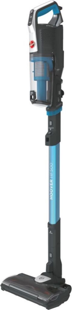 A Hoover cordless vacuum cleaner standing upright on a white background.