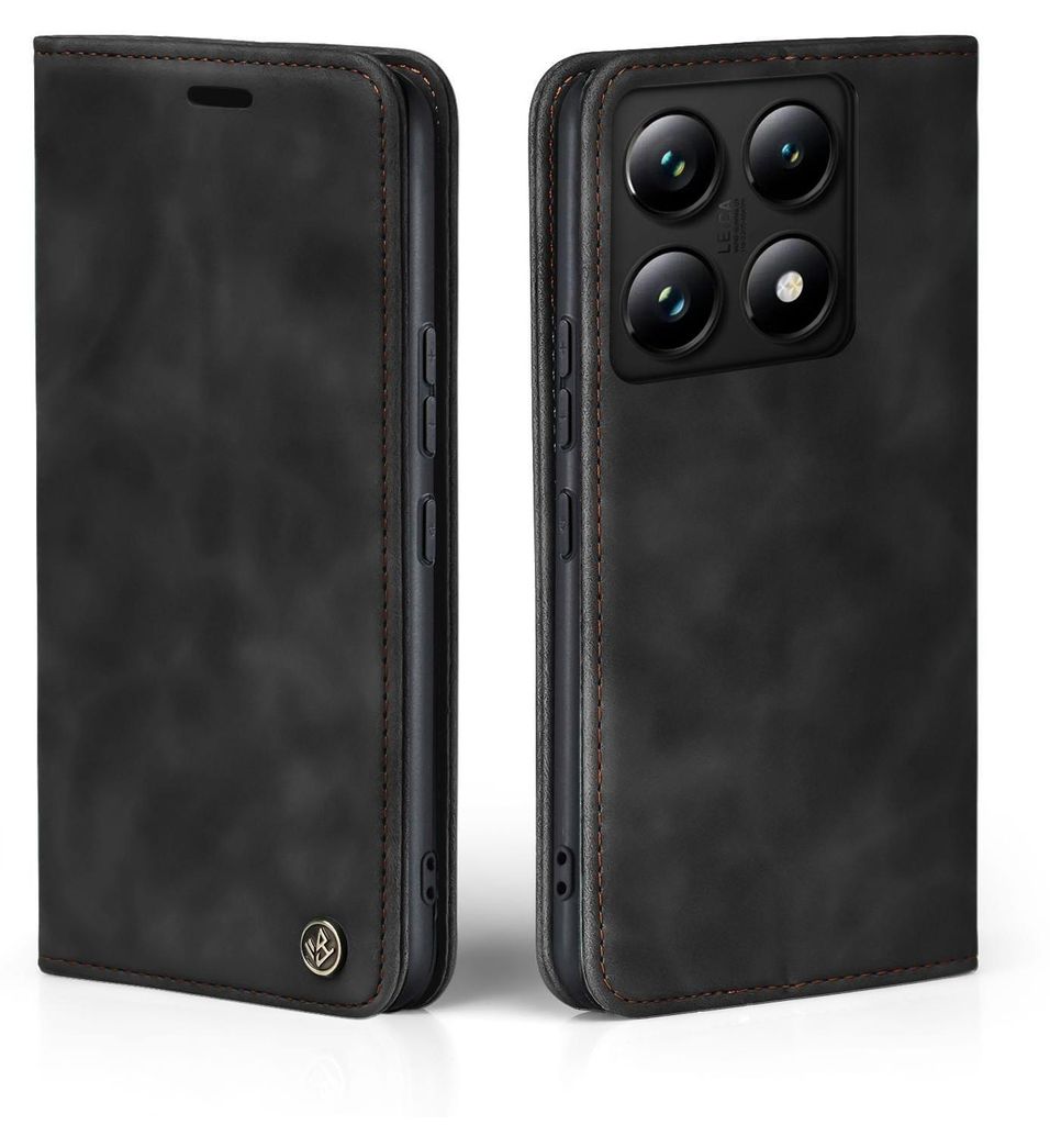 A black flip case for a smartphone, shown from the front and back.