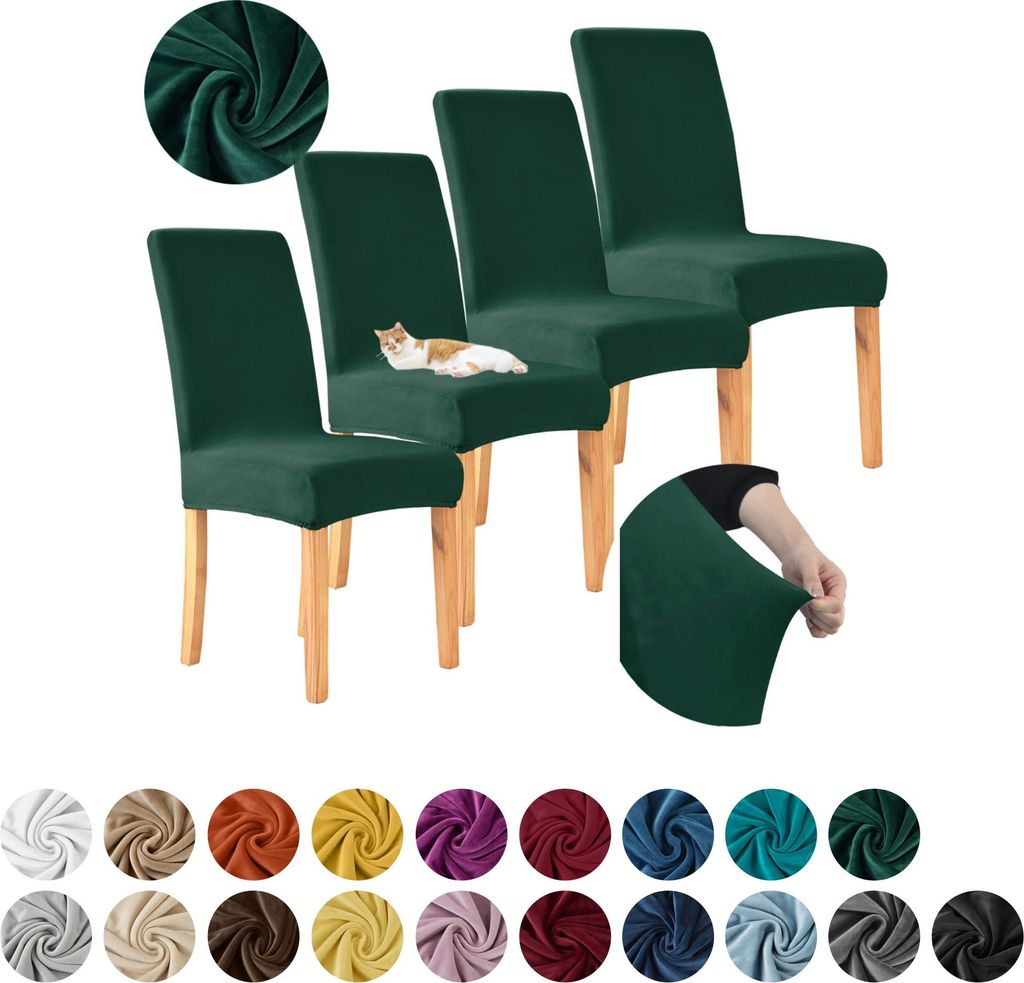 MEBLE ODNOWA, Stuhlhusse, Stuhlbezug, Standardgröße, Samt, Dunkelgrün, 4er Set, Velours, elastisch, Stuhlbezüge, Stuhlhussen, maschinenwaschbar