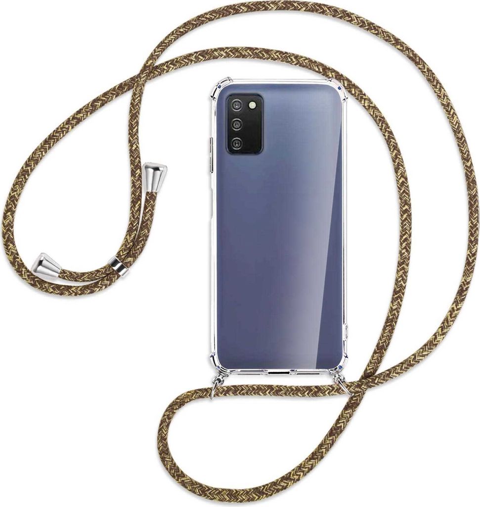 Handykette Backcover-Schutzhülle mit Band (Metall silberfarben) für Samsung Galaxy A03s 4G (EU Version) - braun+beige