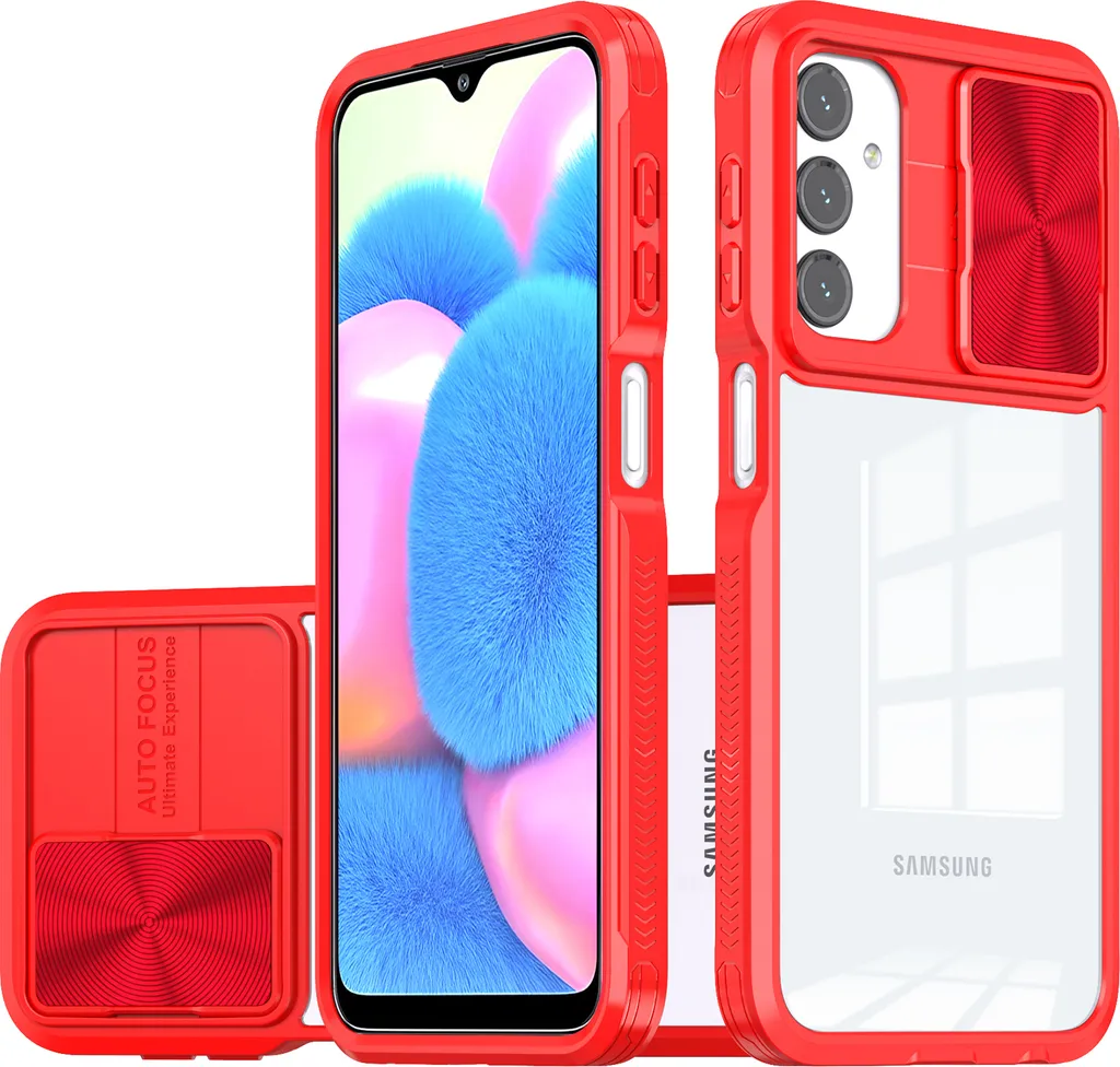 Custodia Samsung A25 Trasparente e Rossa con Copri-Fotocamera Scorrevole