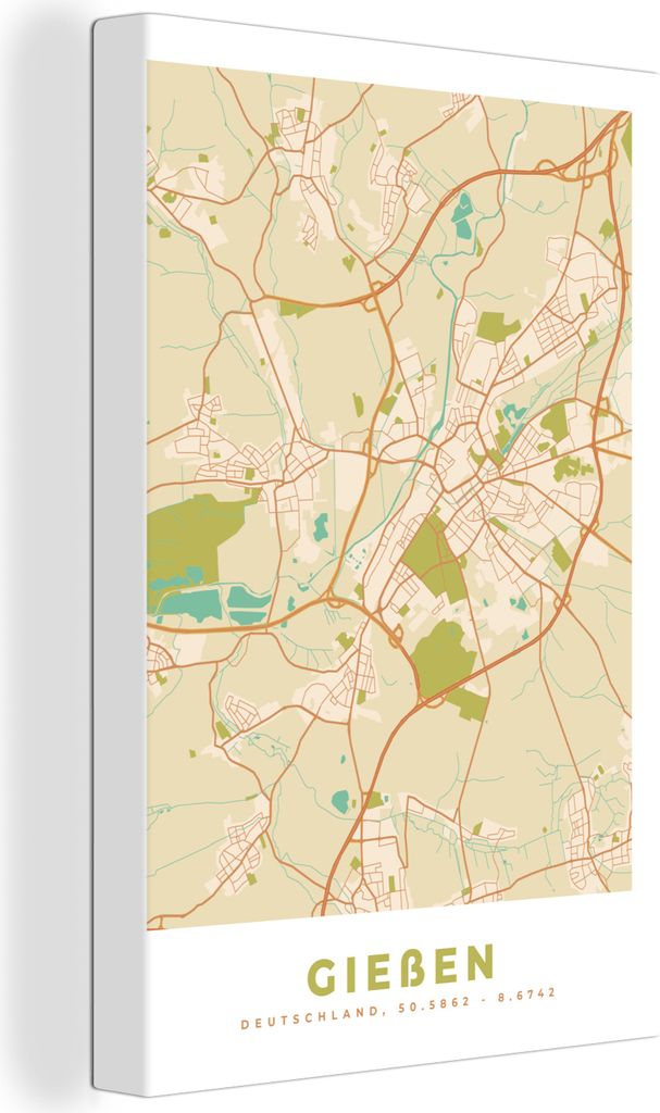 OneMillionCanvasses - Leinwandbilder - 90x140 cm, Gießen - Karte - Vintage - Stadtplan, Wandbilder Kunstdruck Wanddekoration - Foto auf Leinwand...