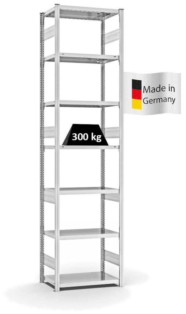 PROREGAL Fachbodenregal Stecksystem MAGNUS Germany | HxBxT 300x75x40cm | 7 Ebenen | Fachlast 315 kg | Beidseitig nutzbar | Lichtgrau