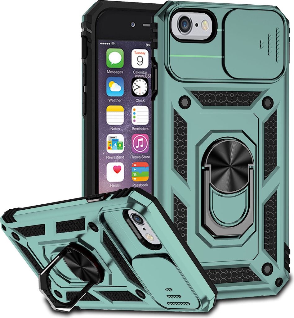 A teal iPhone case with a sliding camera cover and a ring holder is shown, with a partial view of an iPhone inside.