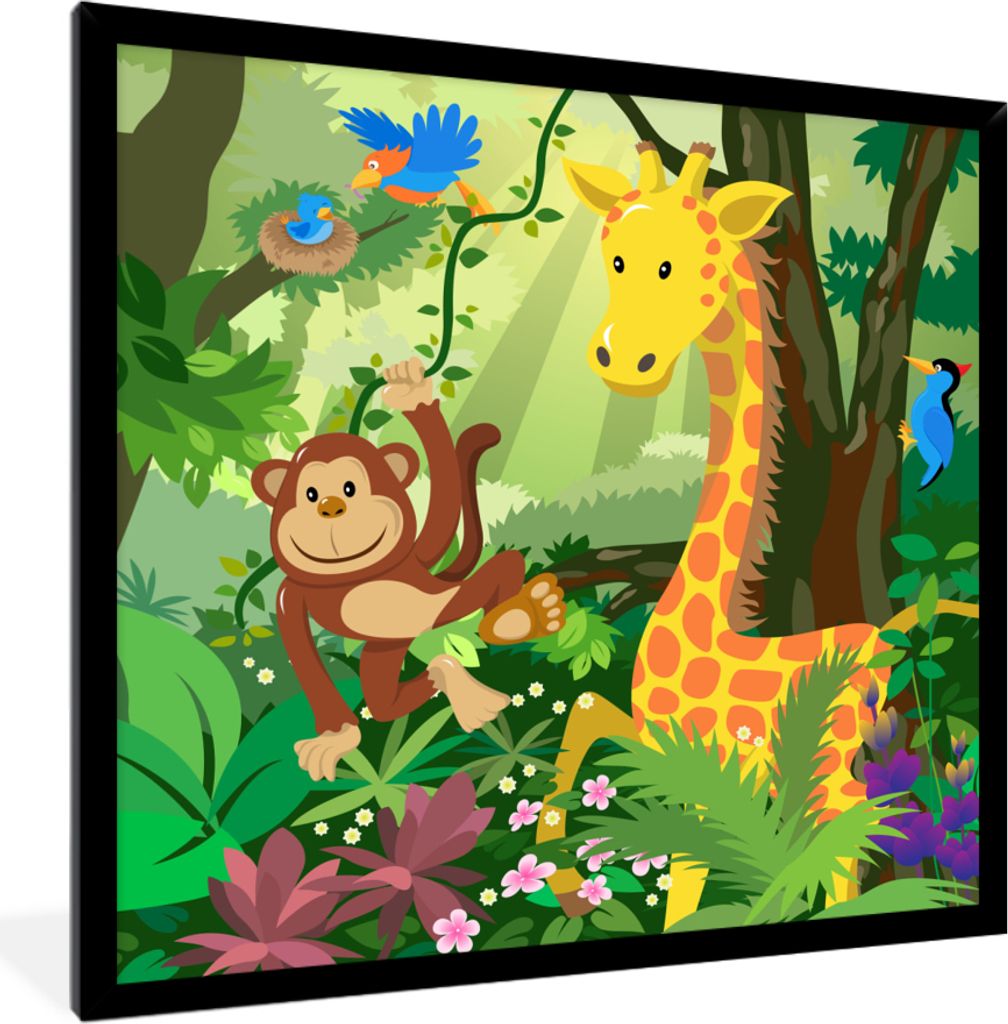 MuchoWow MuchoWow Gerahmtes Poster Tropisch - Landschaft - Dschungeltiere - Mädchen - Baby - Kinder 40x40 cm - Poster mit zchwarzem Bilderrahm...