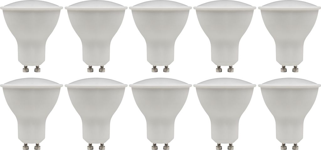 A group of ten white LED light bulbs arranged in two rows on a white background.