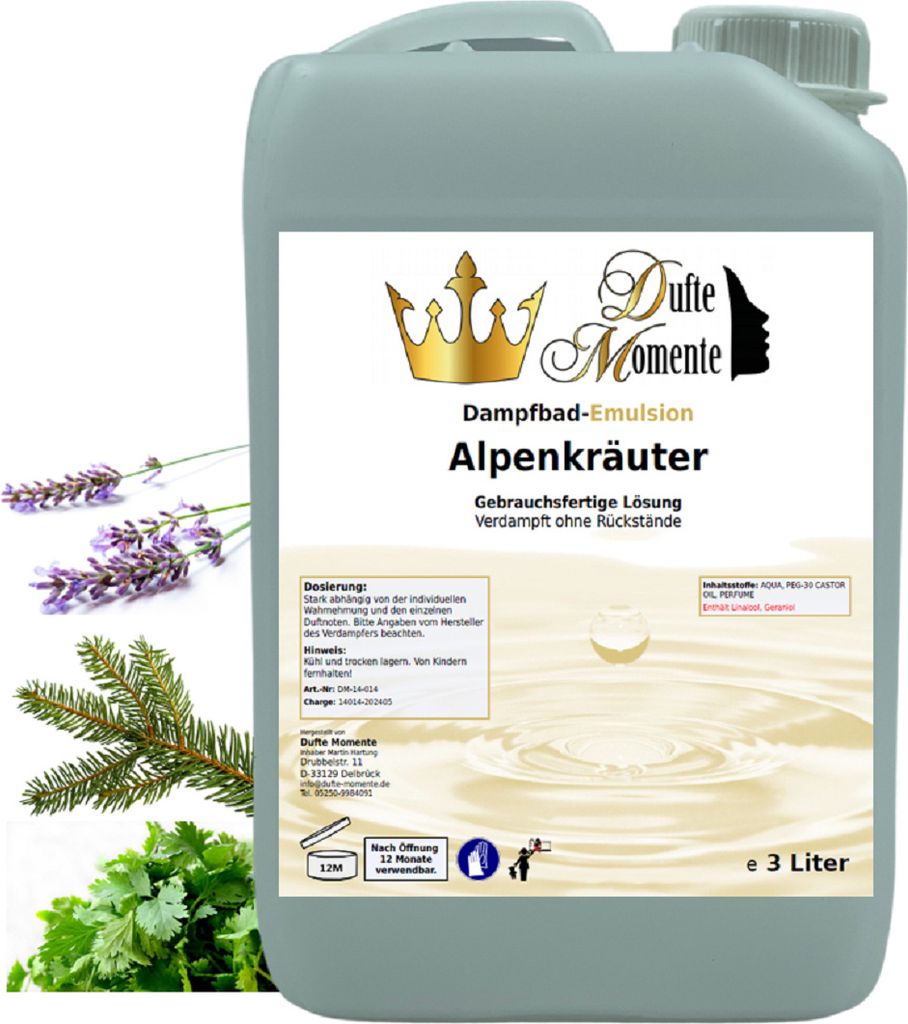 Dufte Momente | Dampfbad Emulsion 3 Liter | Alpenkräuter | gebrauchsfertig | vegan und ohne Tierversuche | hergestellt in Deutschland