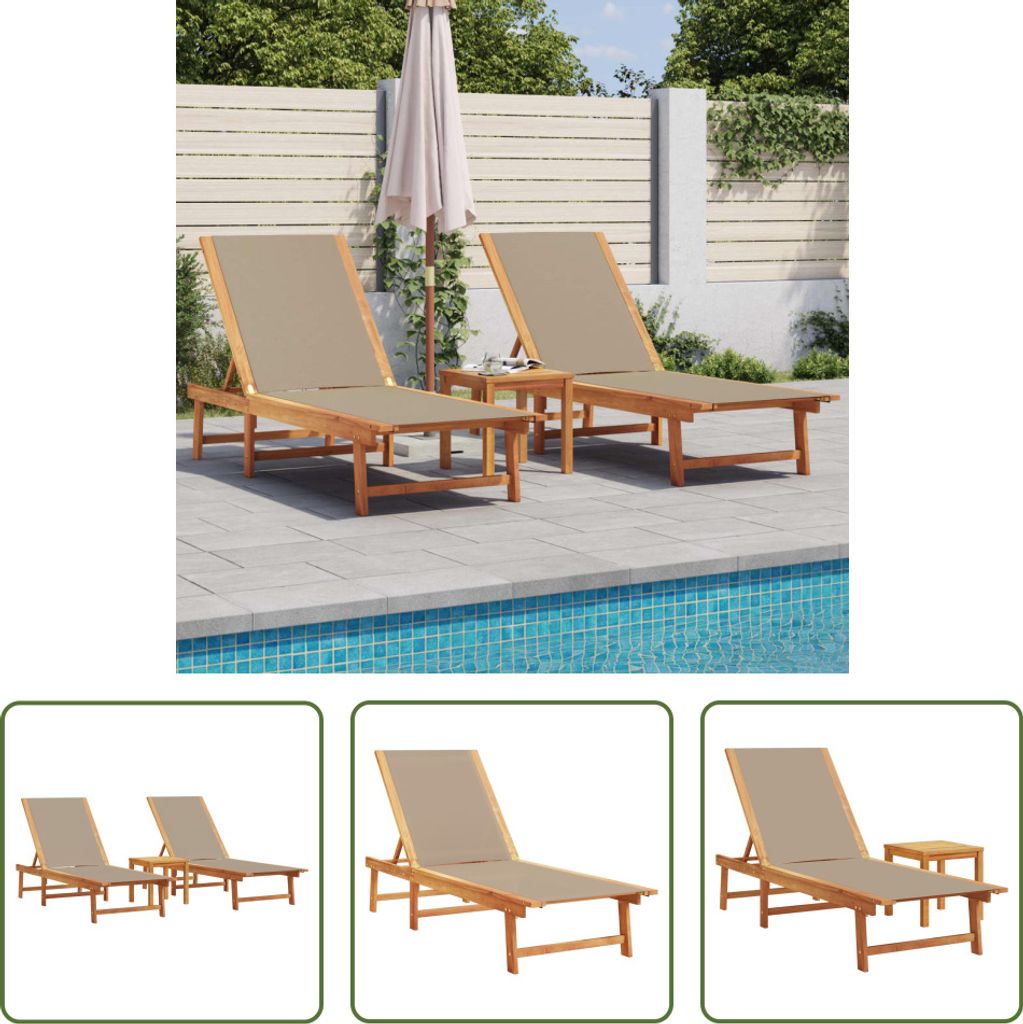 The Living Store Sonnenliegen 2 Stk. mit Tisch Taupe Massivholz Akazie Textilene