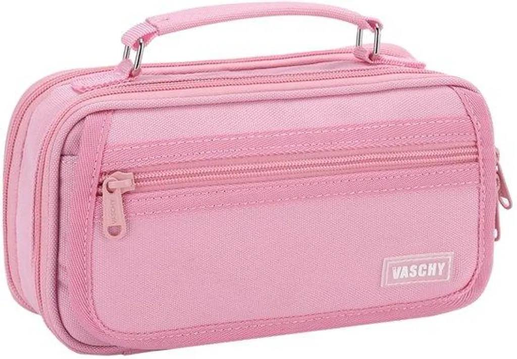 Grande trousse rose à triple compartiment zippé et haute capacité de tri