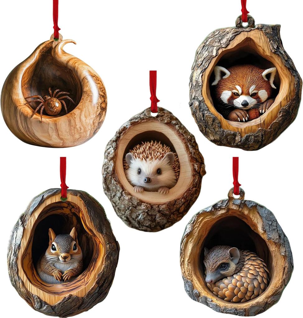 5-teiliges Set Weihnachtstier-Anhänger aus 2D-Acryl: Niedliche Wildtiere wie Waschbär, Eule, Eichhörnchen, Igel, Vogel, Baumhöhle, Holzstruktur...