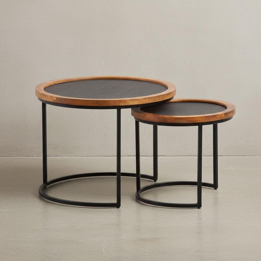 Couchtisch 2er Set Mango Massivholz / Steinoptik Wohnzimmertisch Rund, Satztisch mit Metallgestell, Kaffeetisch Modern, Sofatisch Verschachtelungst...