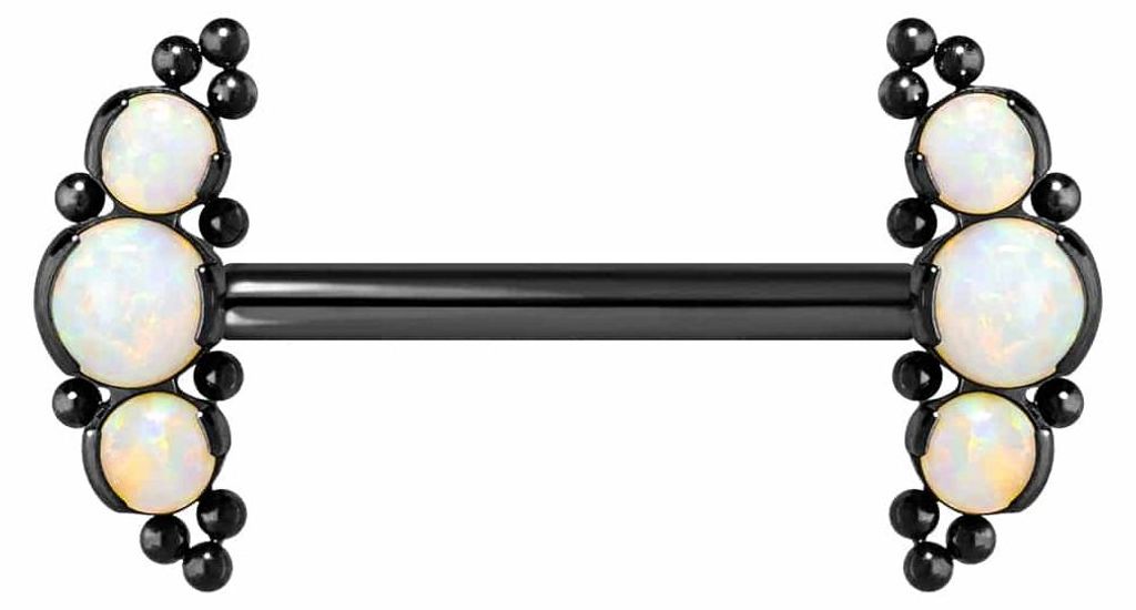 Zungenpiercing, Intim-Piercing Titan Barbell mit Push Fit 3 SYNTHETISCHE OPALE + KUGELN Schwarz Stablänge: 16mm