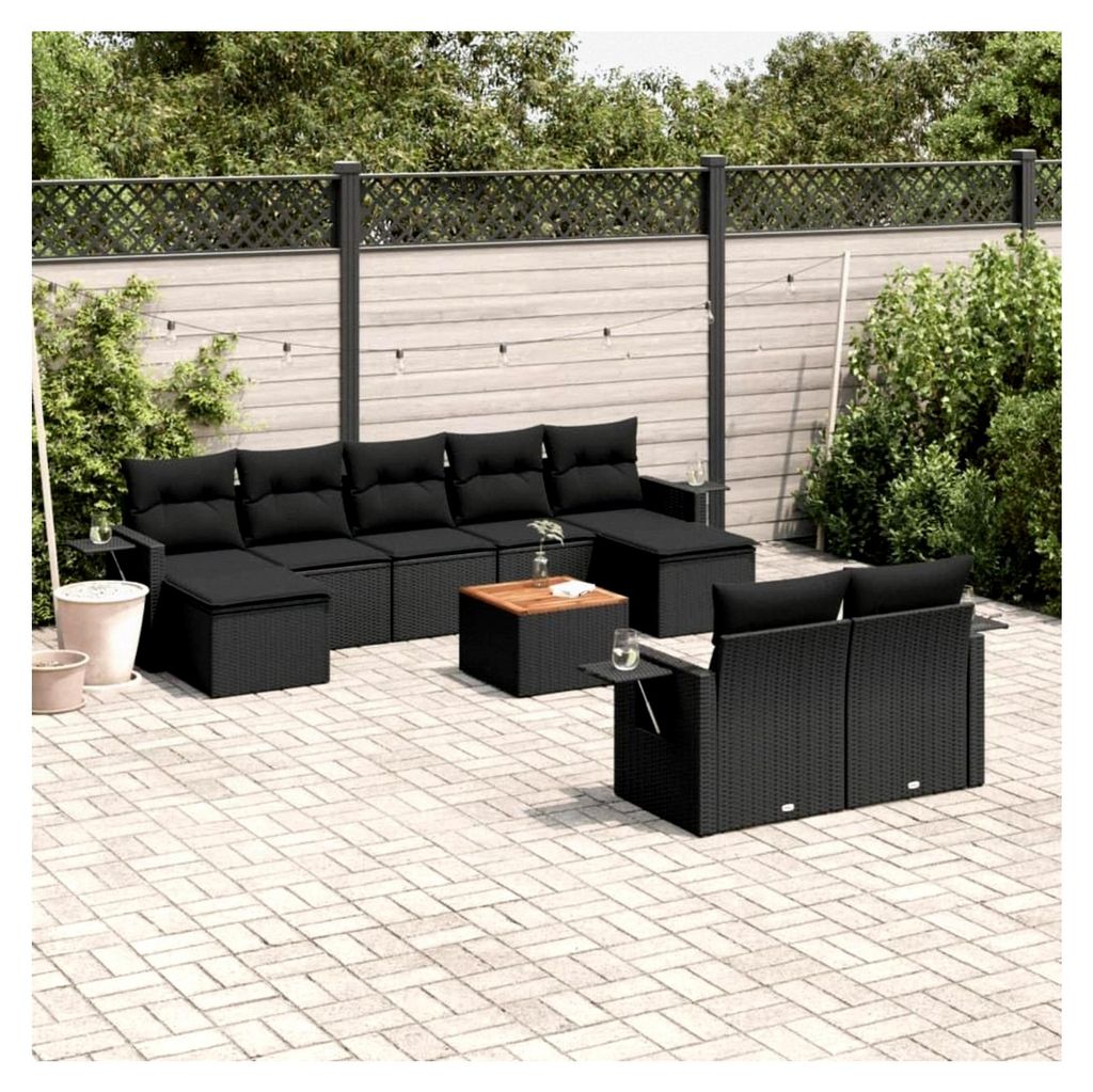 Gartenmöbel-Set mit 10 Kissen aus Polyrattan in Schwarz