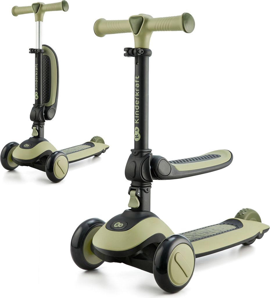 A product shot of a green and black Kinderkraft HALLEY 2-in-1 scooter, shown from two angles.
