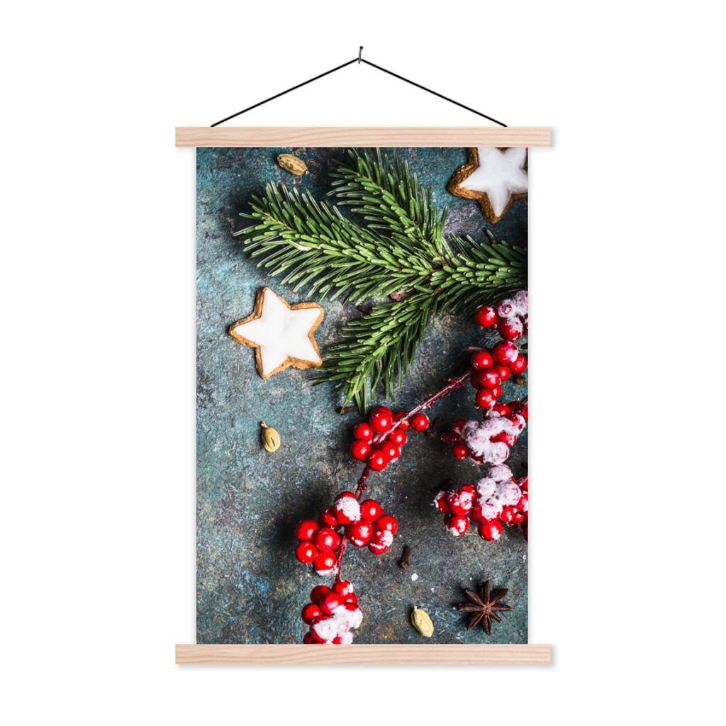 MuchoWow Textilposter Weihnachten - Rustikal - Zweige - Sternanis - Beeren - Rot 40x60 cm mit holzfarbenen Rahmen - Poster