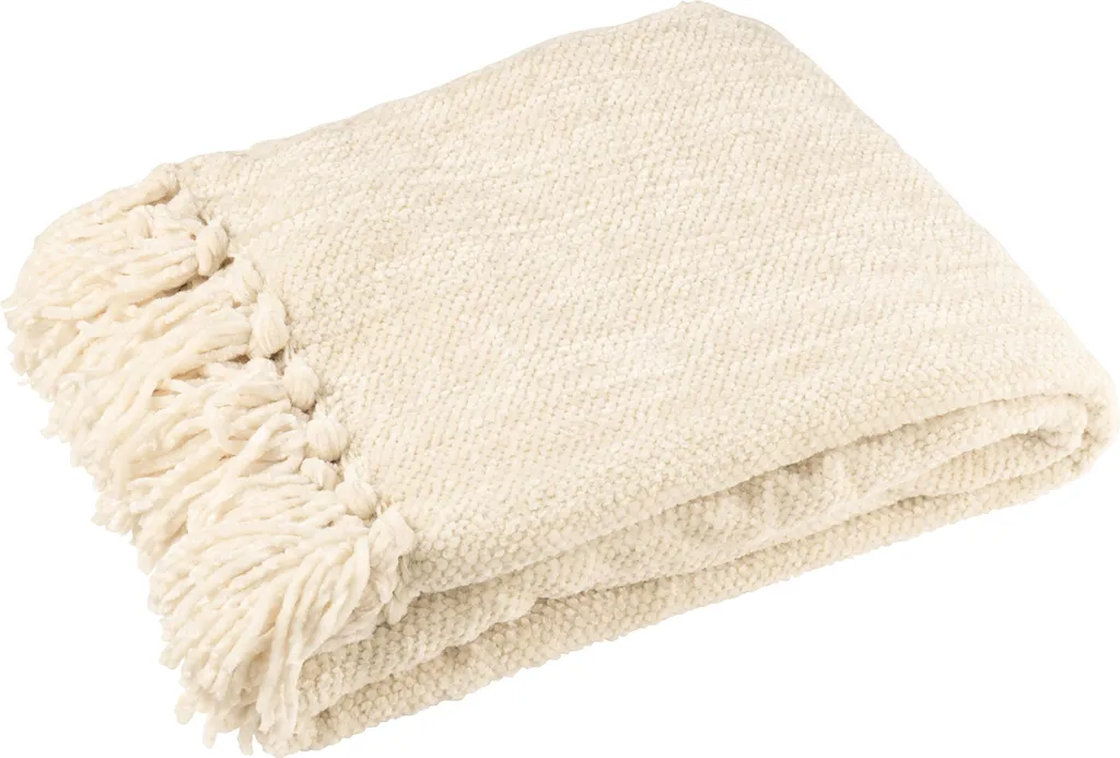J-Line Couverture Chenille Polyester Ekru - Plaid Douillet 130x170cm