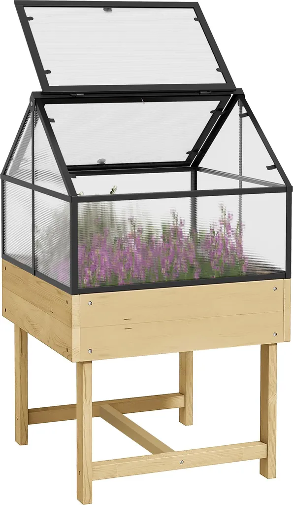 Serre de jardin bois et polycarbonate avec toit ouvrant et pieds acier