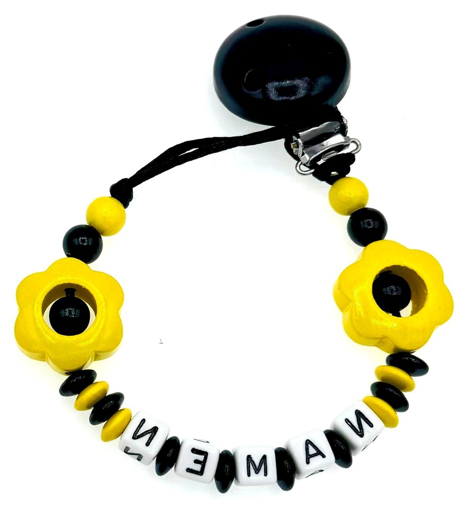 Schnullerkette mit Namen "BLUME" Schwarz Gelb/Baby/Unisex/Personalisiert/HANDMADE
