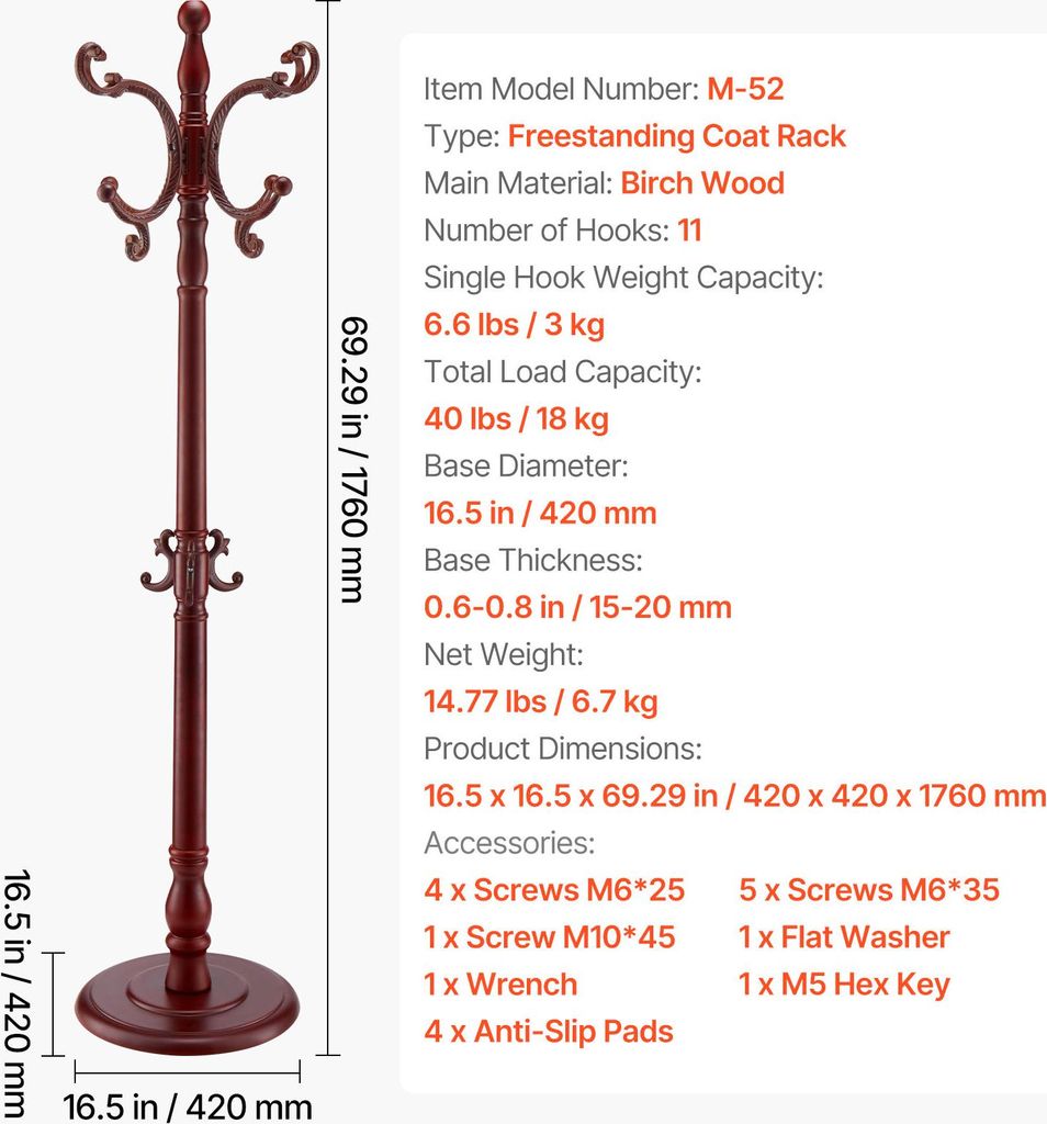 A freestanding wooden coat rack with specifications listed next to it.
