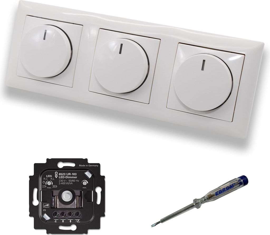 Busch Jäger 6523UR-103 (3 Stück) LED Drehdimmer Dimmer + Dimmerscheiben 2115-914 in BalanceSi alpinweiß glänzend im 3-fach Rahmen inkl. EBROM P...