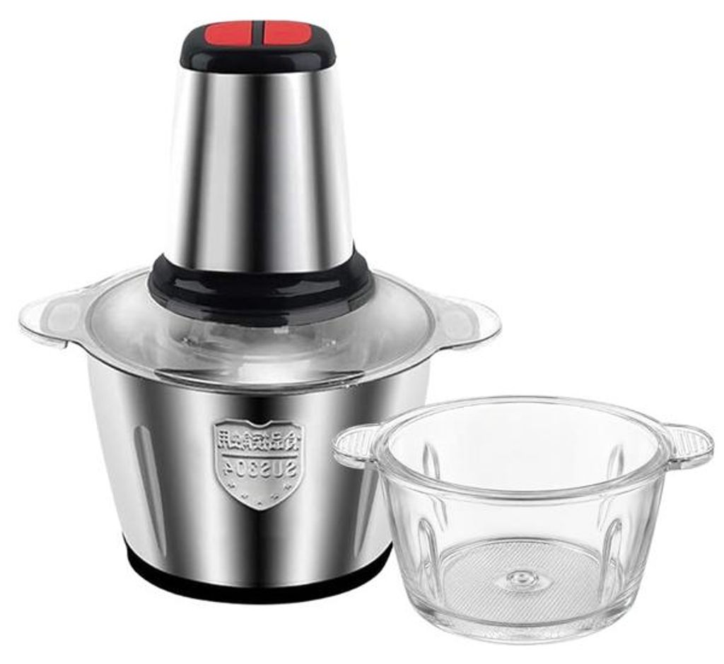 2er Set 250W Multizerkleinerer für Obst, Gemüse, Fleisch, 2L Elektrischer Gemüseschneider und 2l Edelstahl Rührschüssel - MINCBOWL