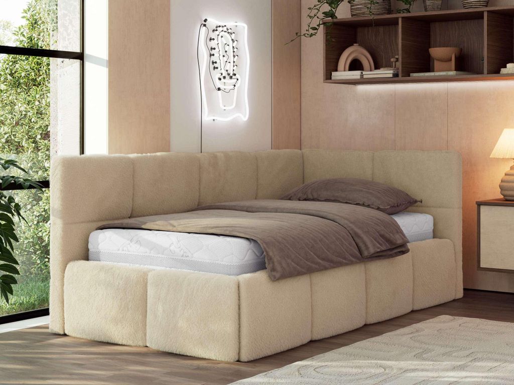 MKS MEBLE Jugendbett 90x200 cm ARVO Polsterbett mit Bettkasten, Mettalrahmen Stauraum & Gasdruckfeder, Foam Matratze - Beige Plüsch - Rechts Seite