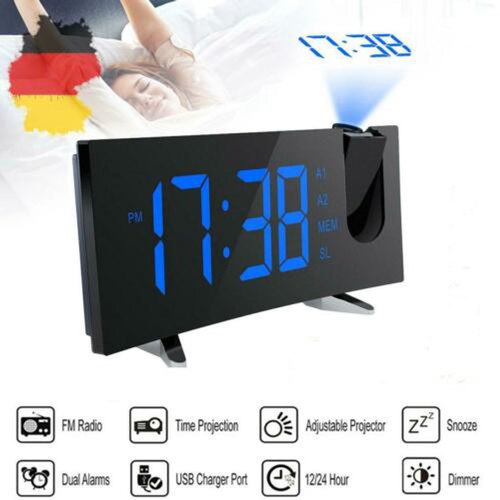 Radiowecker mit Projektion LED USB FM Digital dimmbar Tischuhr Alarm Funkuhr DE 