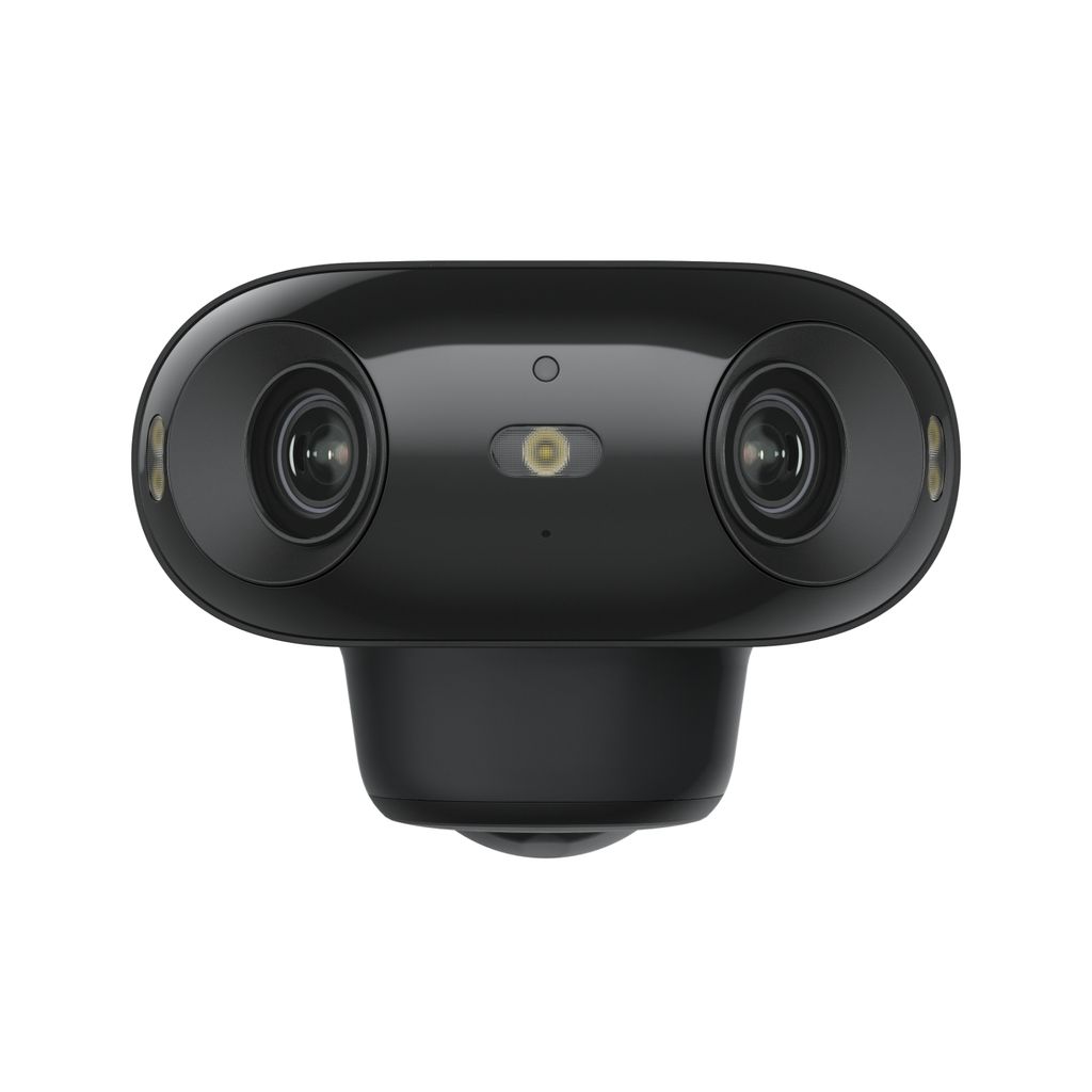 A black dual-lens security camera with a solar panel attachment, shown against a white background.
